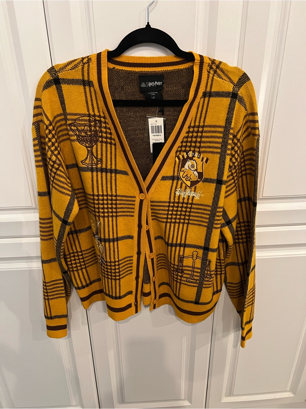 Harry Potter Hufflepuff Plaid Button-Front Cardigan in Mustard Yellow